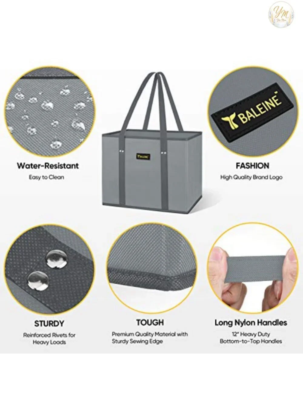 Set of 3 Heavy Duty Reusable Grocery Tote Bags with Long Handles